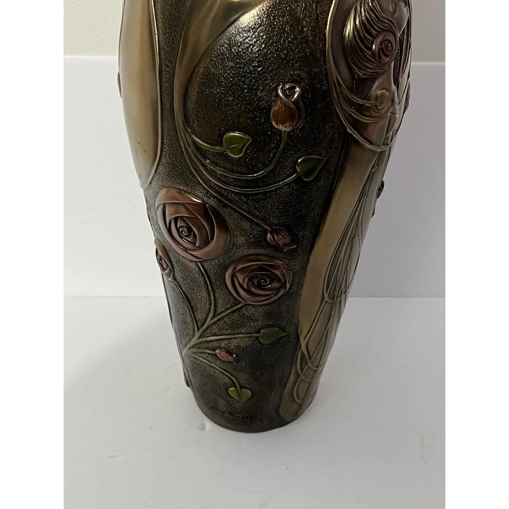 Veronese Design Art Nouveau Vase Vintage Bronze Finish Woman Rose Relief 13.5in